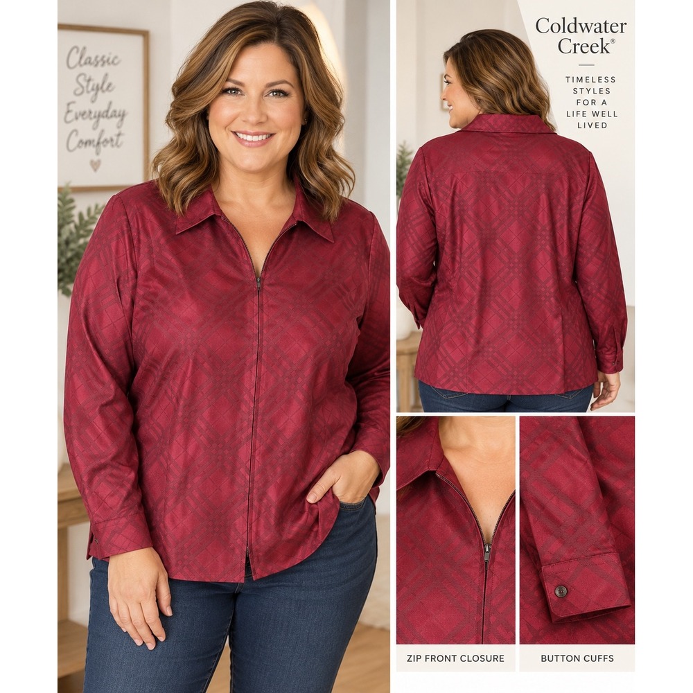 Coldwater Creek Womens 1X Burgundy Plaid Jacquard Zip Front Shirt Jacket Fall